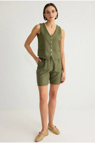Khaki V-Neck Vest and Pocket Shorts Woven Bottom-Top Set