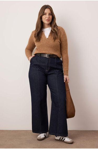 Dark Blue Stitching Detail High Waist Plus Size Wide Leg Jeans