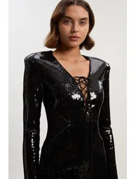 Sequin Power Mesh Lace Up Mini Dress