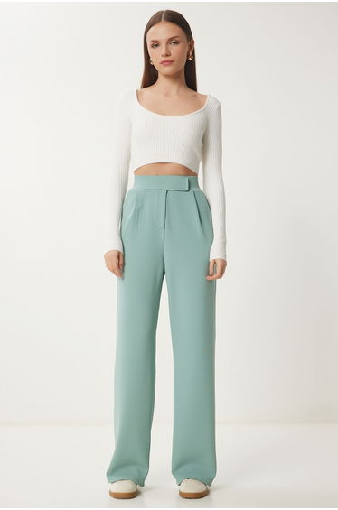 Women's Water Green Comfortable Woven Trousers with a Velcro Waist .