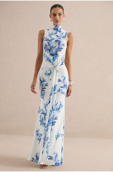 Isella | Blue Floral Print High-Neck Maxi Dress With Gathered Detailing