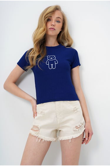 Women's Navy Blue Crew Neck Teddy Bear Embroidered Ottoban Crop T-Shirt