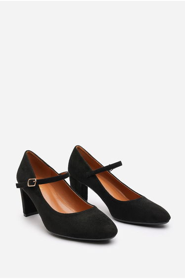 Evangeline Block Heel Mary Jane Pumps in Black Faux Suede