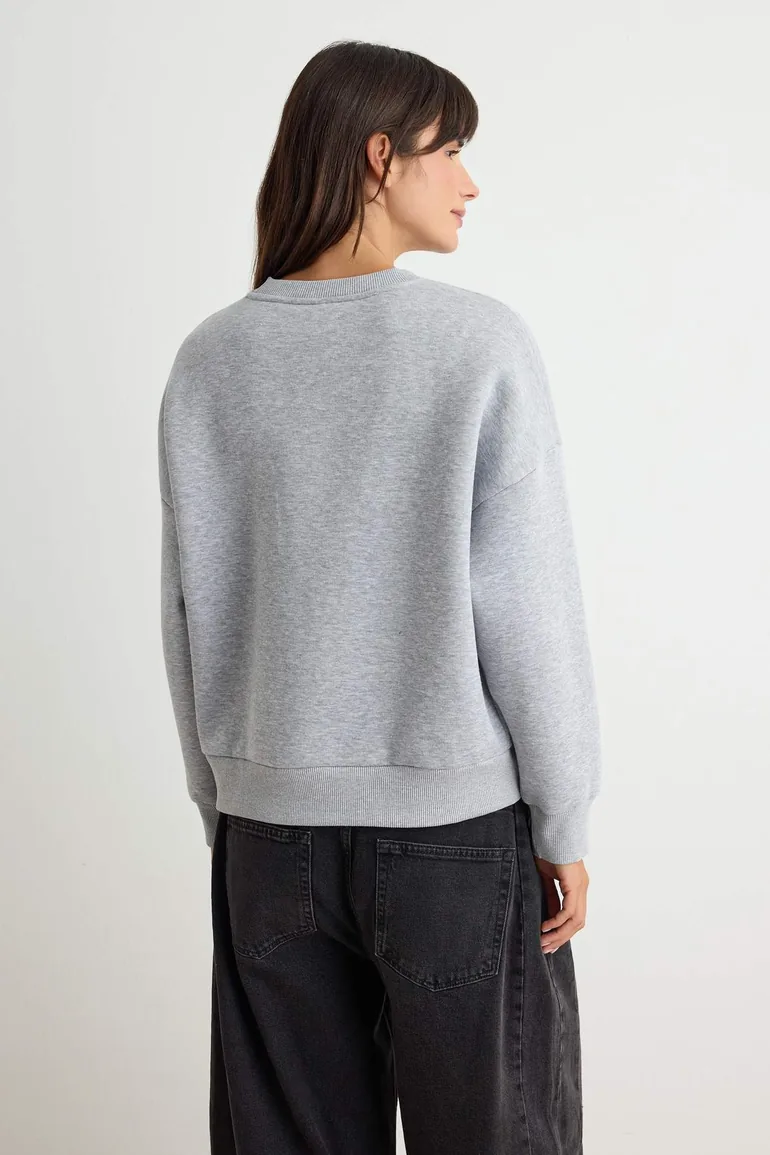 Gray Melange Thick Fleece Inside Slogan Printed Oversize Knitted Sweatshirt - 3