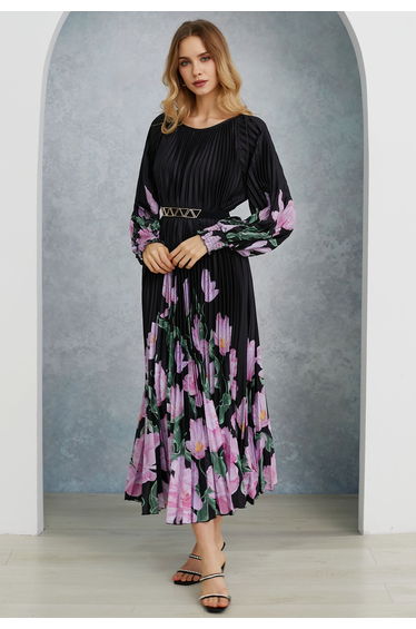 Blossoming Day Watercolor Pleated Dress in Black