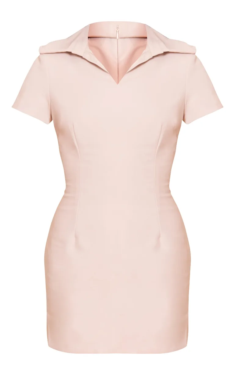 Beige Woven Collar Neck Short Sleeve Mini Dress - 4