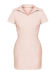 Beige Woven Collar Neck Short Sleeve Mini Dress - 4