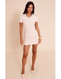 Beige Woven Collar Neck Short Sleeve Mini Dress - 2