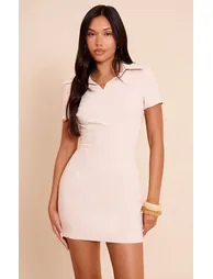 Beige Woven Collar Neck Short Sleeve Mini Dress - 5