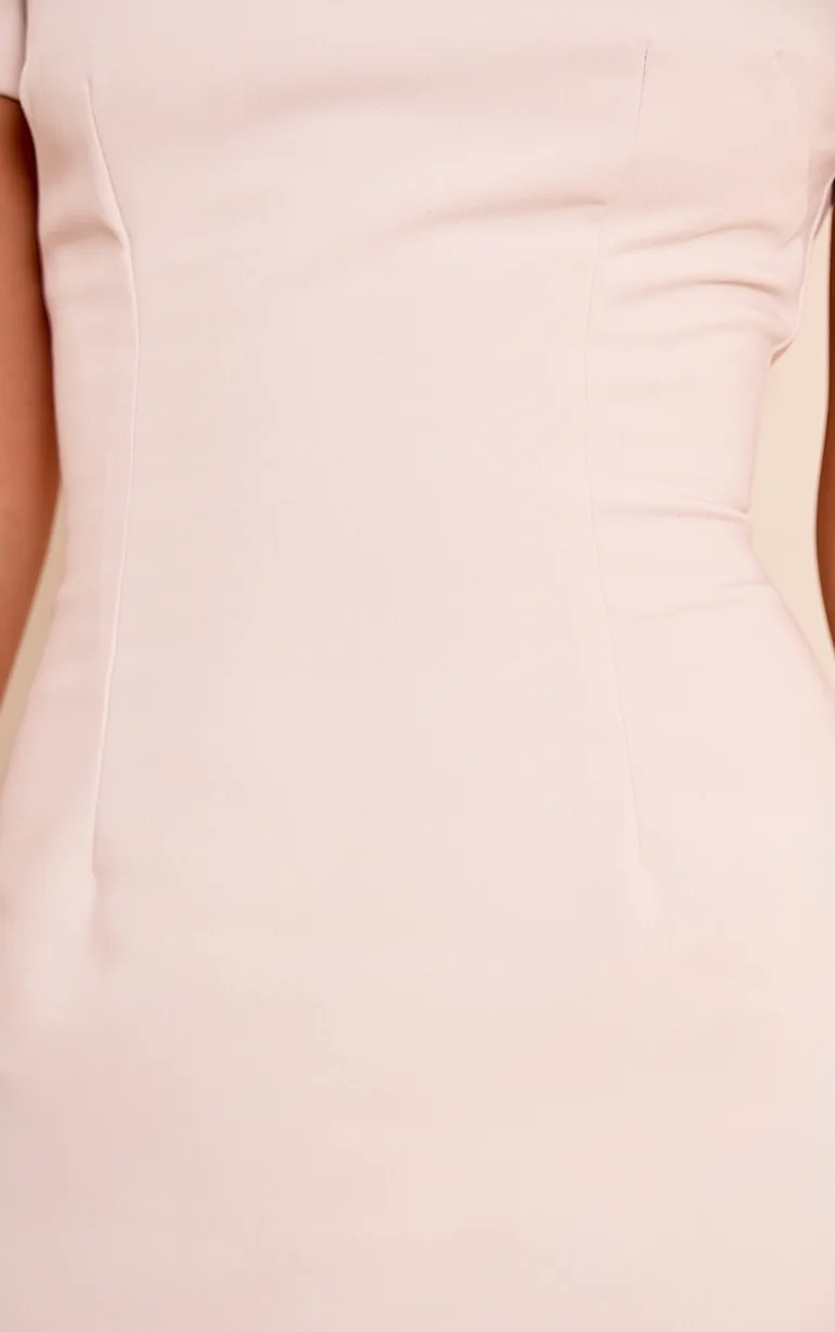 Beige Woven Collar Neck Short Sleeve Mini Dress - 3