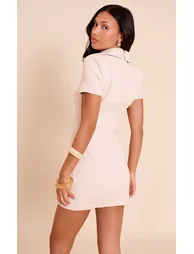 Beige Woven Collar Neck Short Sleeve Mini Dress - 1