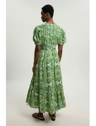Double Cloth Tile Print Contrast Piping Midi Dress - 1