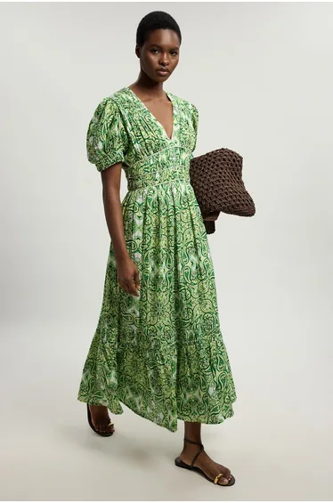 Double Cloth Tile Print Contrast Piping Midi Dress