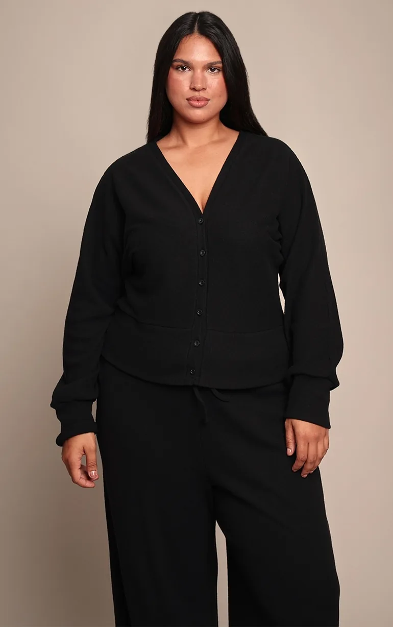 Plus Black Soft Ribbed Button Up Cardigan - 1