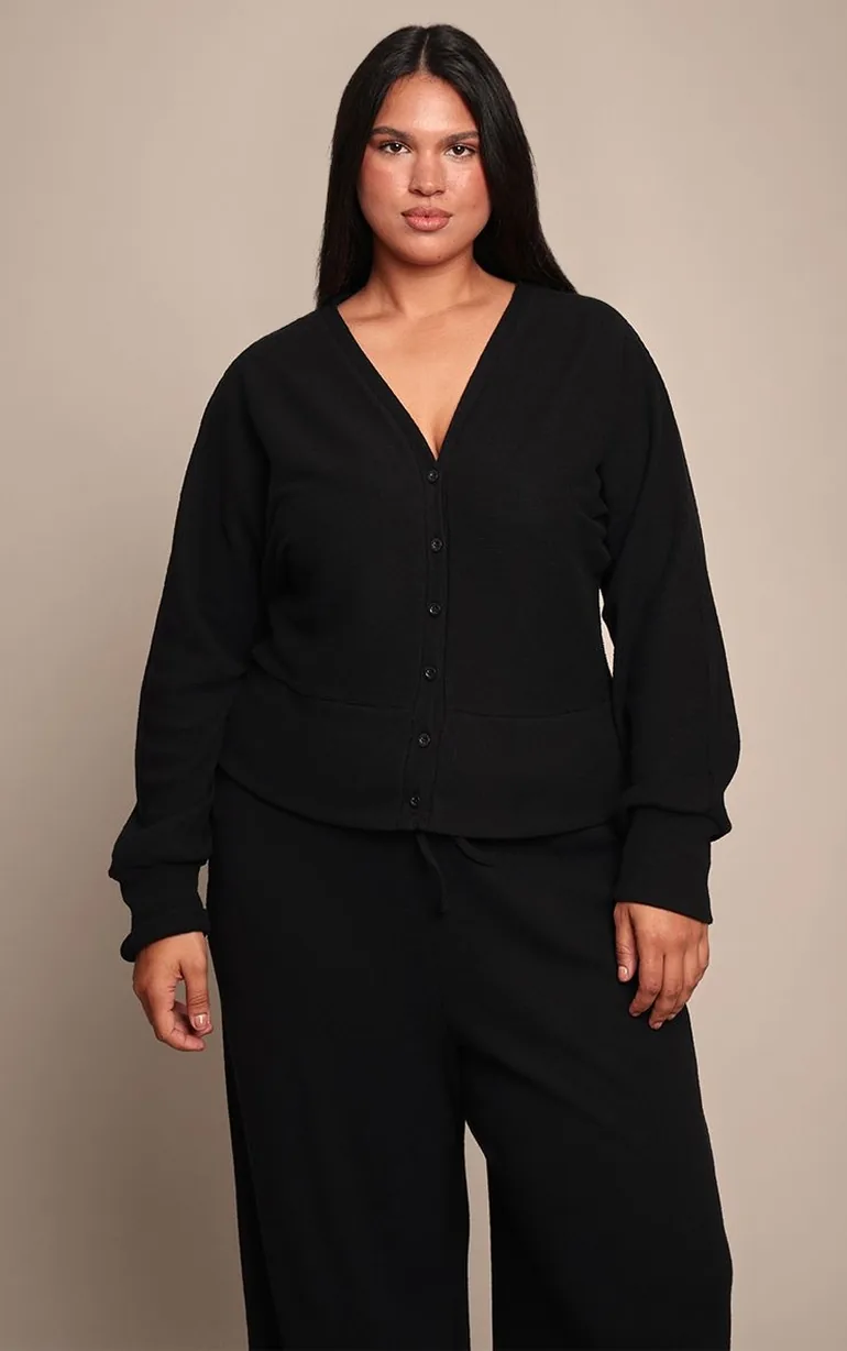 Plus Black Soft Ribbed Button Up Cardigan - 5