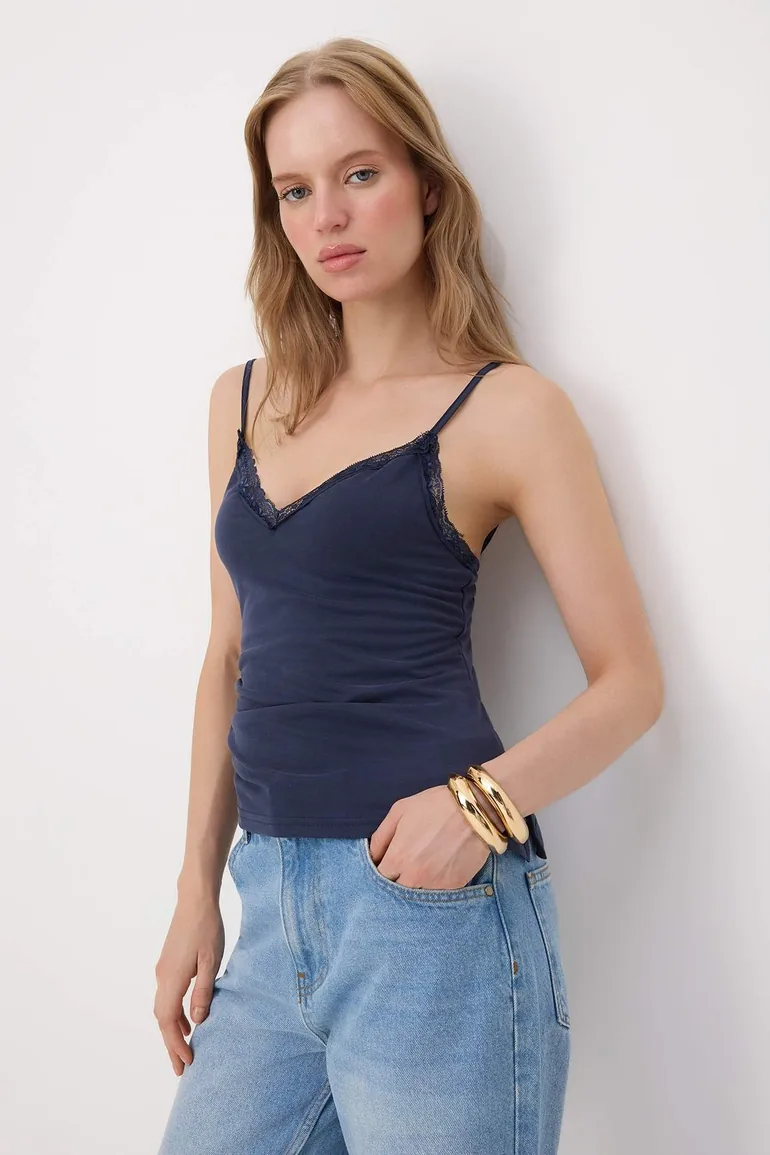 Navy Blue Fitted Lace Detailed Thin Strap Modal Stretch Knitted Blouse