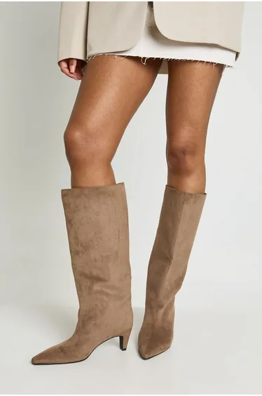 Kitten Heel Pull On Column Boots - taupe
