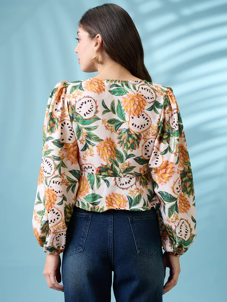 Multi Tropical Print Tie-Up Detail Wrap Top - 2
