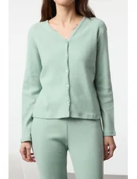 Mint Brushed Soft Ribbed Cardigan Knitted Pajama Set - 2