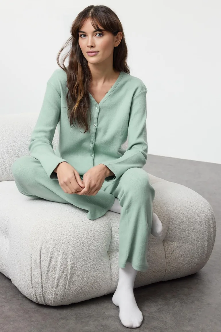 Mint Brushed Soft Ribbed Cardigan Knitted Pajama Set - 1