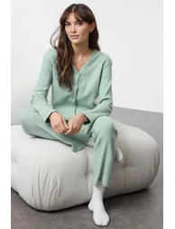Mint Brushed Soft Ribbed Cardigan Knitted Pajama Set - 1