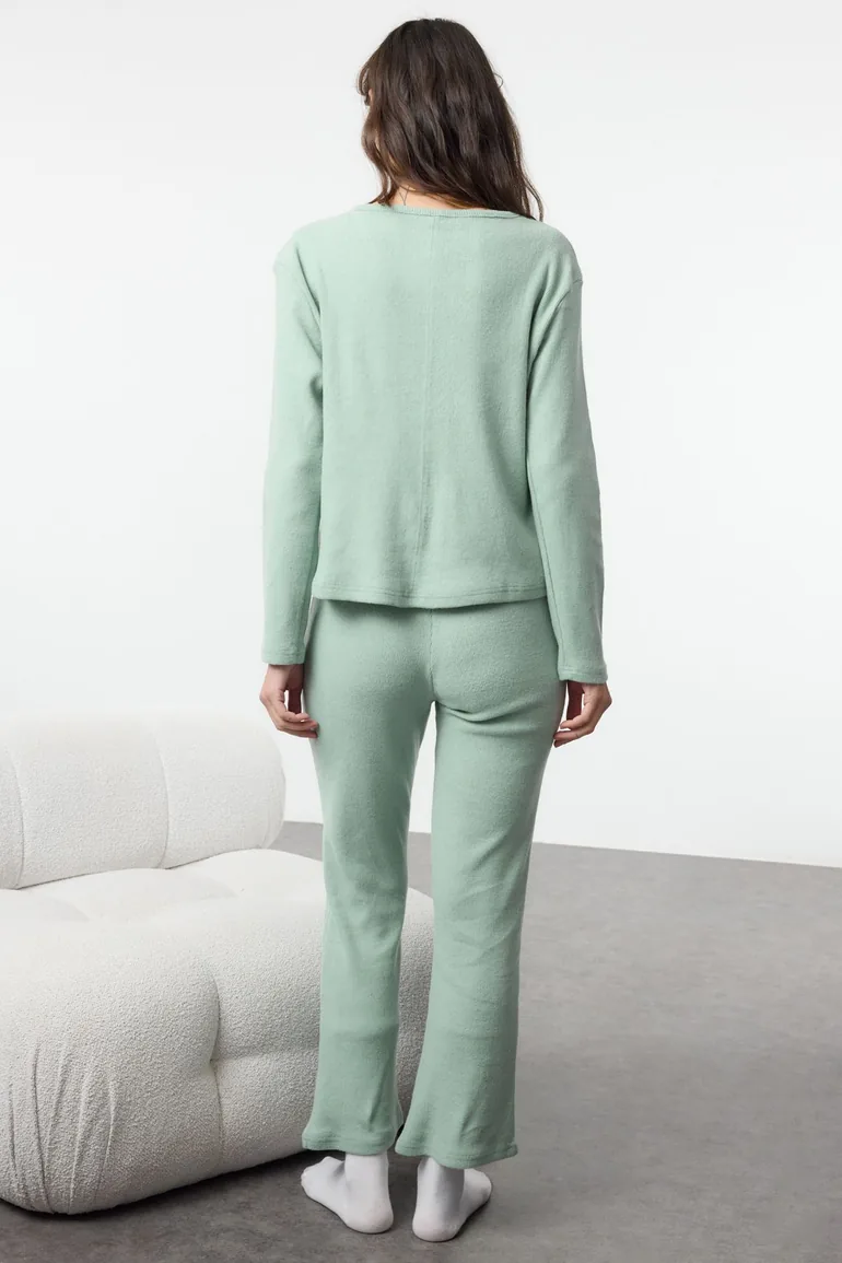 Mint Brushed Soft Ribbed Cardigan Knitted Pajama Set - 4