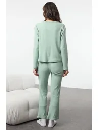 Mint Brushed Soft Ribbed Cardigan Knitted Pajama Set - 4