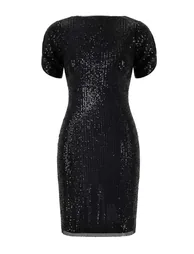 Black Bodycon Shimmering Knitted Sequin Plus Size Evening Gown Night Graduation Dress - 3