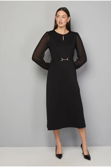 Ponte A-line Midi Dress With Chiffon Sleeves
