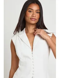 Button Detail Cinched Waistcoat - white - 3