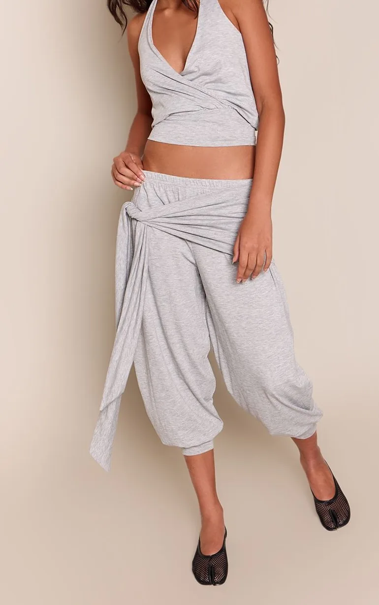 Grey Marl Jersey Wrap Tie Cuffed Leg Trousers - 1