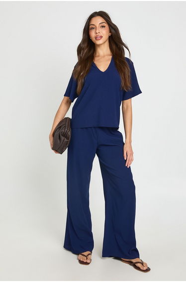 Textured Collared Top and Straight Leg Trouser Co-ord - navy