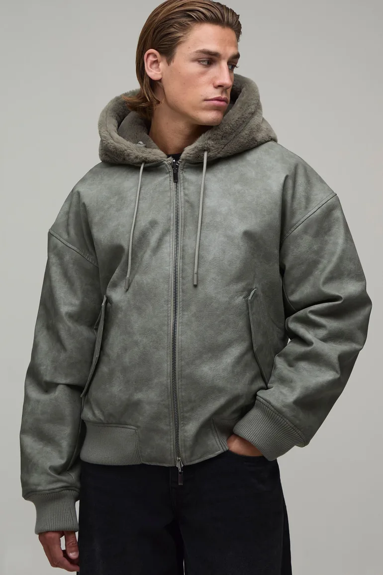 Oversized Boxy Reversible Faux Fur & PU Hooded Bomber Jacket - olive - 1