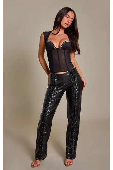 Black Faux Leather Lace Up Straight Leg Trousers