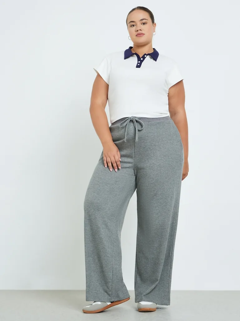 Plus Size Grey Ribbed Relaxed Fit Joggers