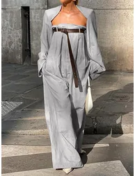 Buttoned Long Sleeves Collarless Outerwear Top + Wide Leg Belted Jumpsuits Two Pieces Set