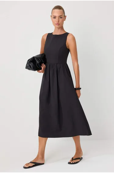 Black Skater/Waist Cut-Out Maxi Woven Dress