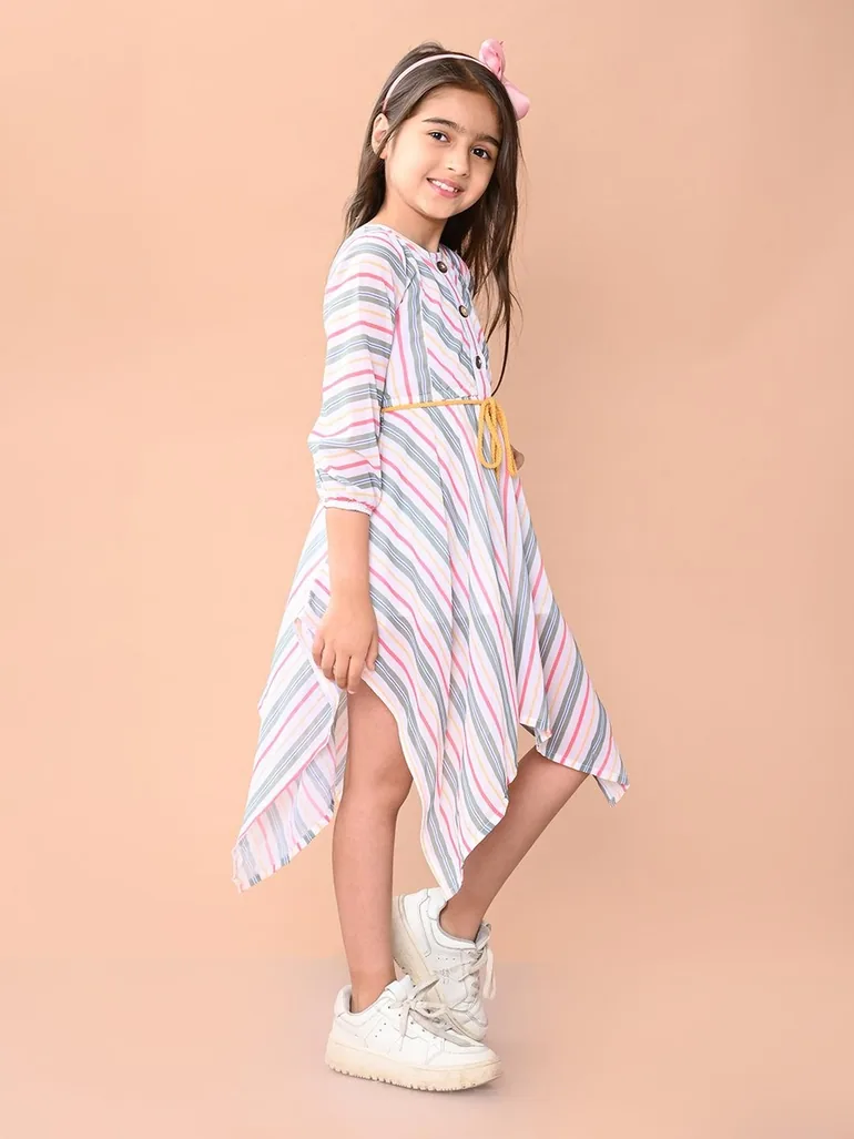 Striped Asymmetric Hem Dress with 3/4th Sleeve - 1