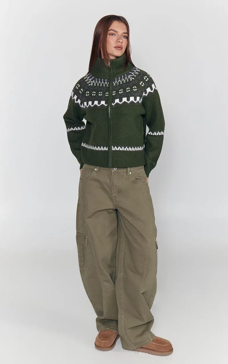Olive Funnel Neck Zip Through Fairisle Print Jumper - 3