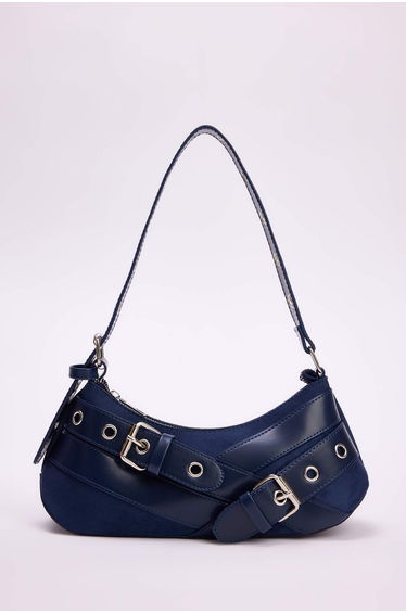 Navy Blue Eyelet Belt Buckle Detailed Medium Size Women's Baguette Shoulder Bag