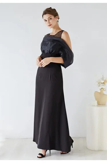 Spliced Organza Cold-Shoulder Gown in Black