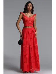 Lali Resort Flowy V Neck Sleeveless Ruffle Woven Top and Skirt Two Piece Set