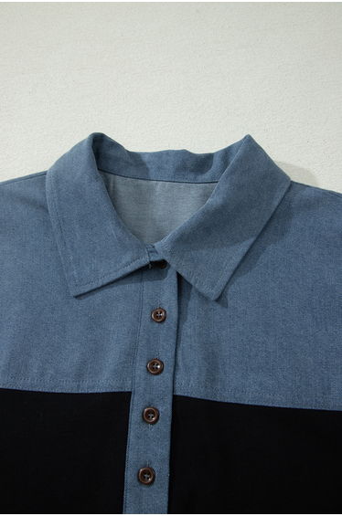Lvness Black Color Block Denim Patchwork Button Polo Collar Short Sleeve Top product thumbnail 4