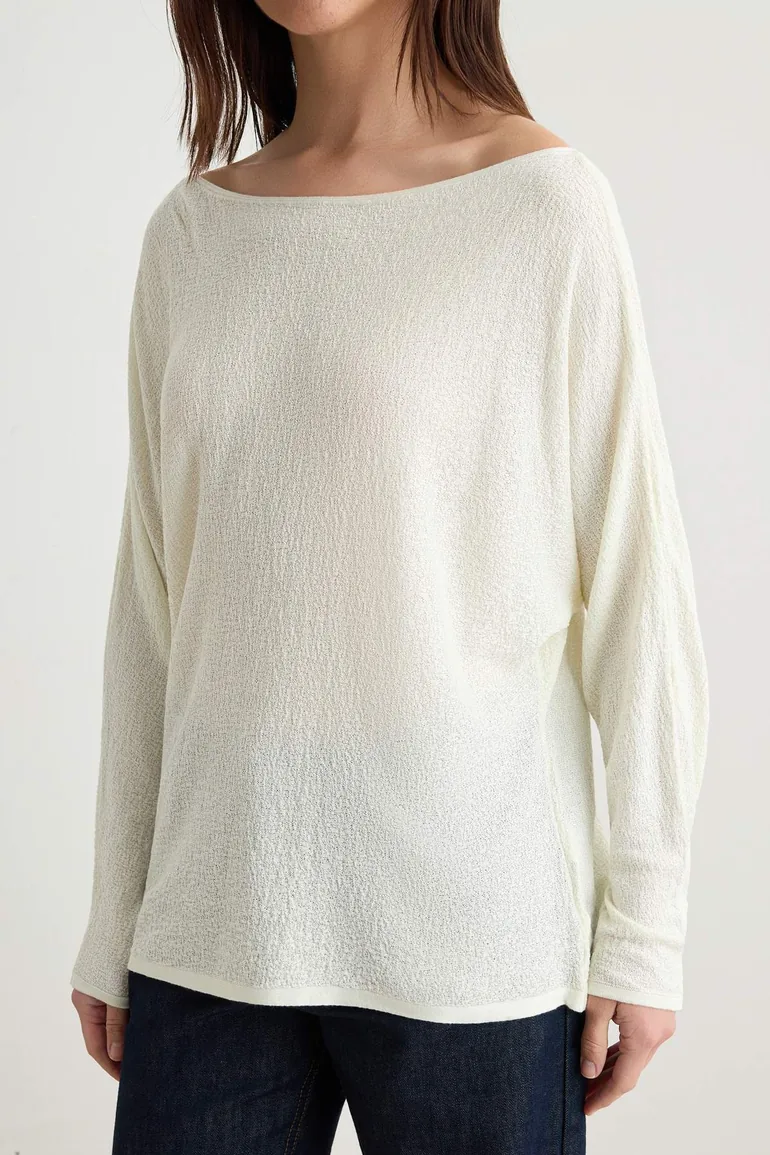Ecru Boat Neck Knitwear Oversize Slim Sweater - 2