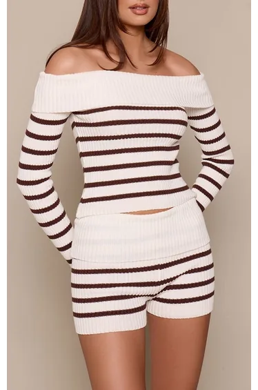 Cream Foldover Waistband Striped Knitted Mini Shorts