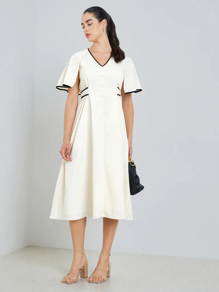 Women Off White Buttoned A-Line Midi Dress - 1