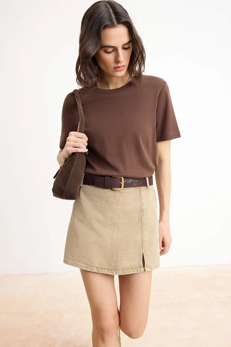 Beige Slit Mini Denim Shorts Skirt - 1