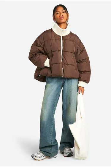 Contrast Rib Puffer Jacket - chocolate