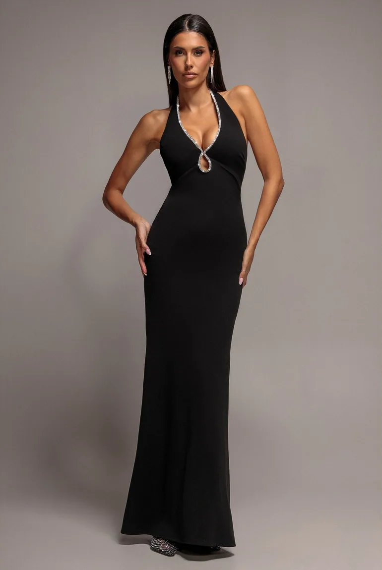 Diamond Open Back Halter Neck Maxi Dress - Black by Goddiva