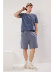 Blue Basic Oversize/Wide Cut Elastic Waist Lace-Up Shorts